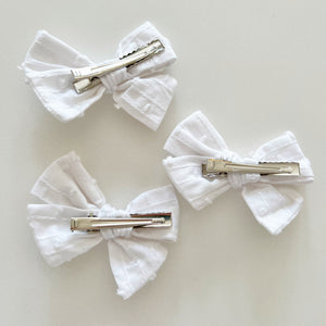
            
                Load image into Gallery viewer, White Swiss Dot Bow - BohemianBabies
            
        