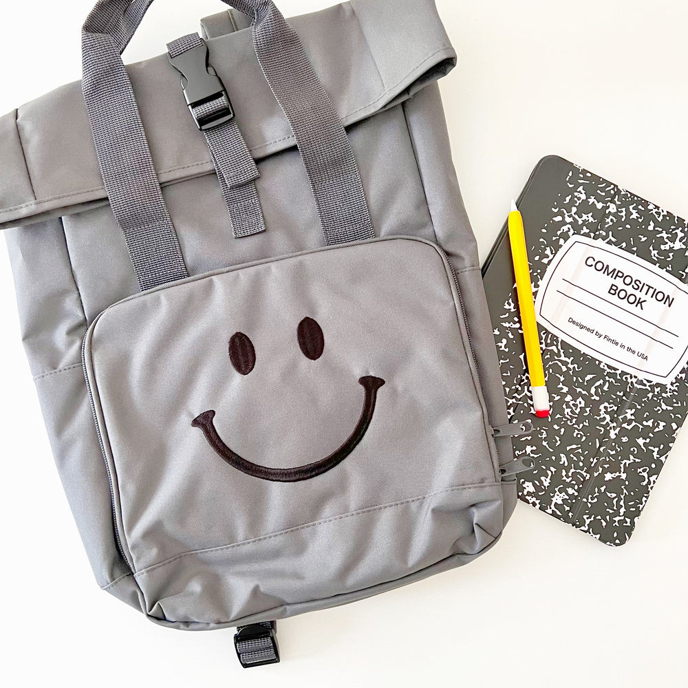 
            
                Load image into Gallery viewer, Graphite Smiley Large Roll-Top Backpack - BohemianBabies
            
        