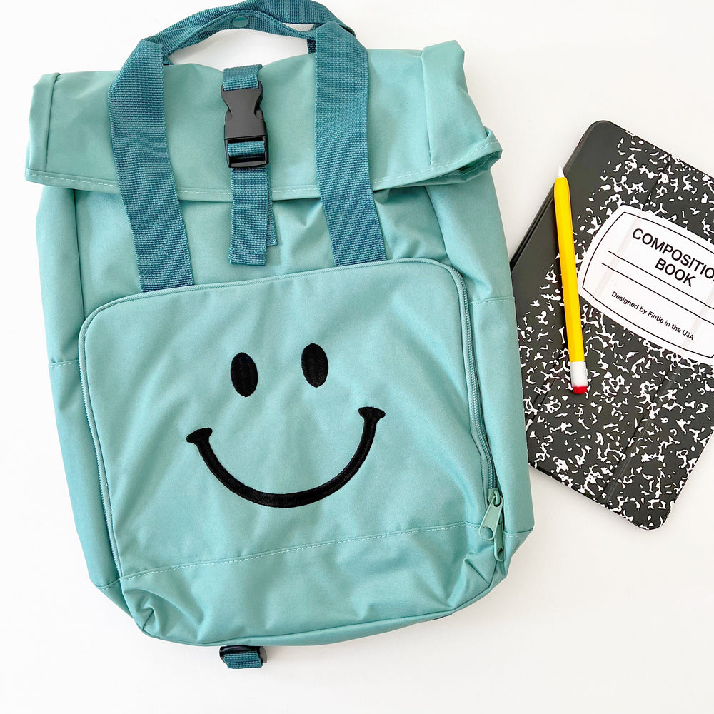 
            
                Load image into Gallery viewer, Teal Smiley Large Roll-Top Backpack - BohemianBabies
            
        
