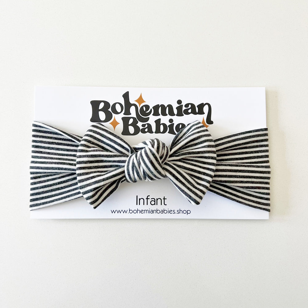 
            
                Load image into Gallery viewer, Charcoal Stripe Bamboo Bow Headband - BohemianBabies
            
        