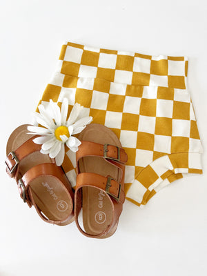 
            
                Load image into Gallery viewer, PREORDER - Golden Spice Checkered Organic Shorties - BohemianBabies
            
        