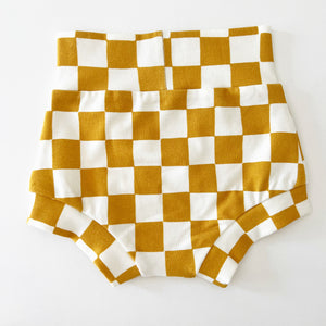
            
                Load image into Gallery viewer, PREORDER - Golden Spice Checkered Organic Shorties - BohemianBabies
            
        